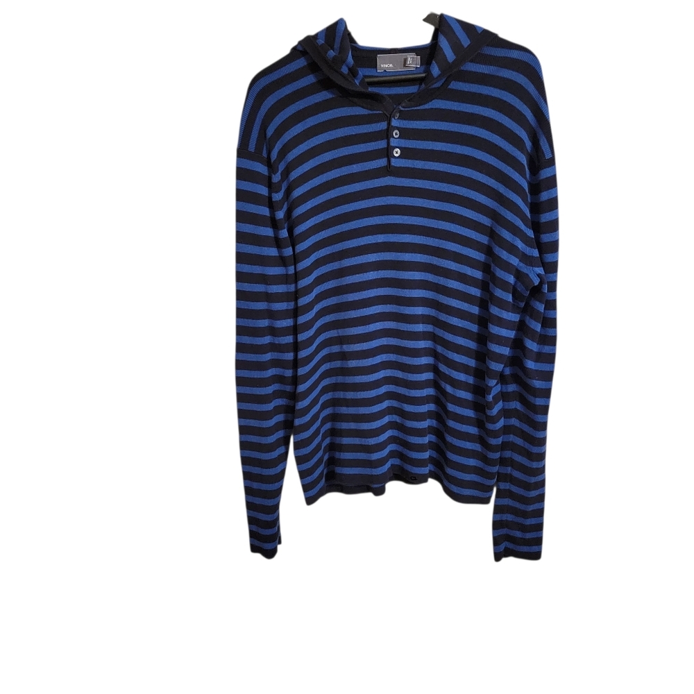 Vince Blue Black Striped Knit Henley Hooded Top